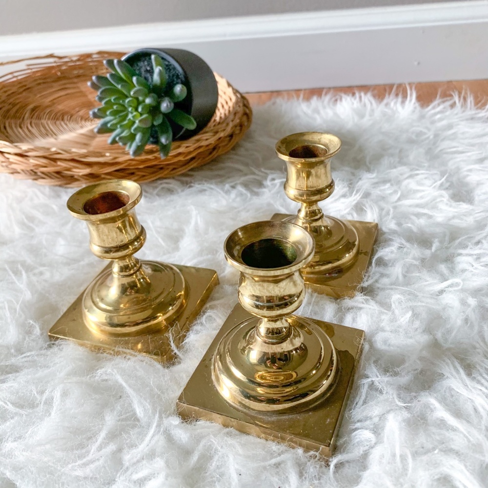 Set of 3 - Vintage MCM Gold Brass Candle Sticks - Picture 2 of 7